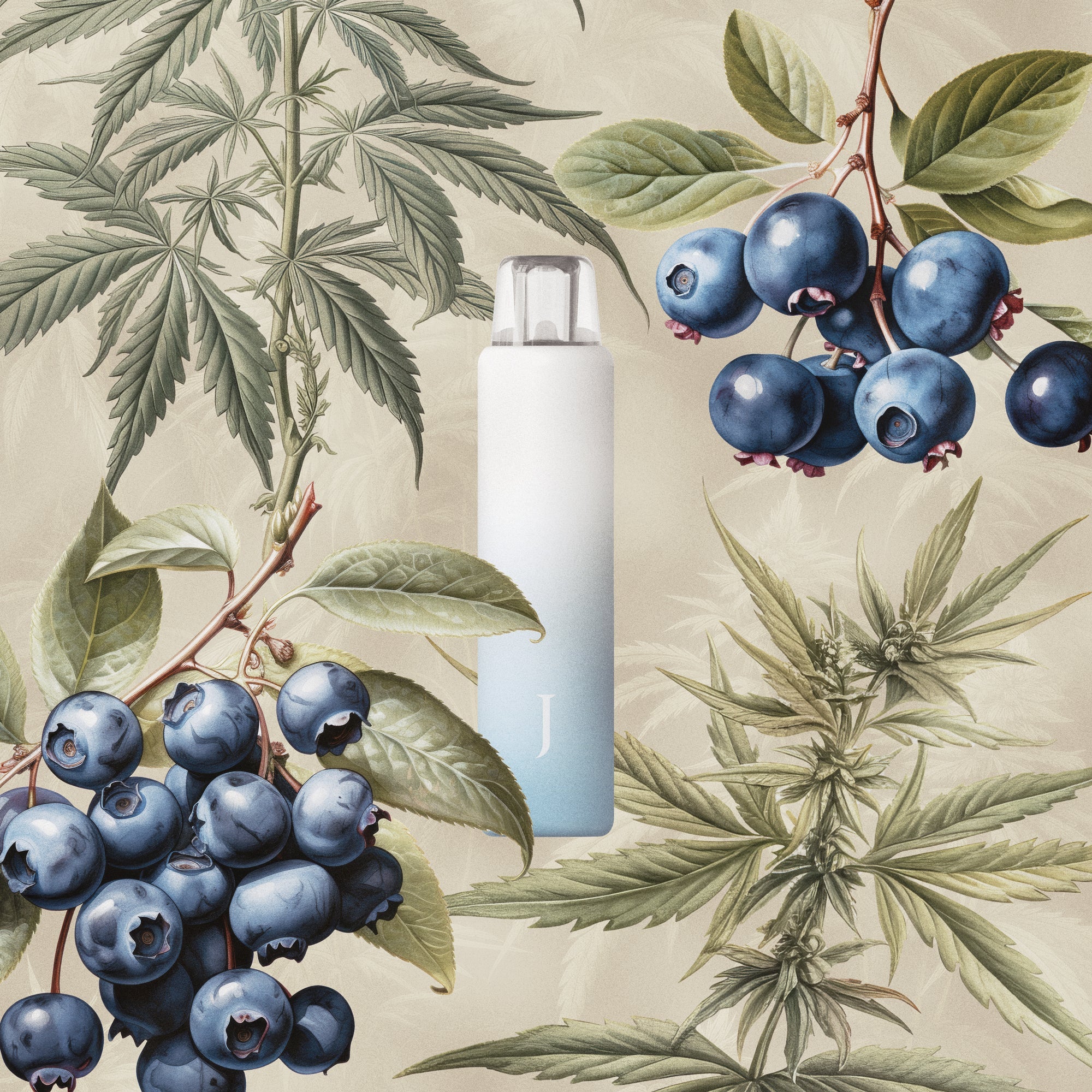 Juana All-in-One Cannabis Vape Pen with Marijuana Leaves and Blueberry Botanical Illustrations