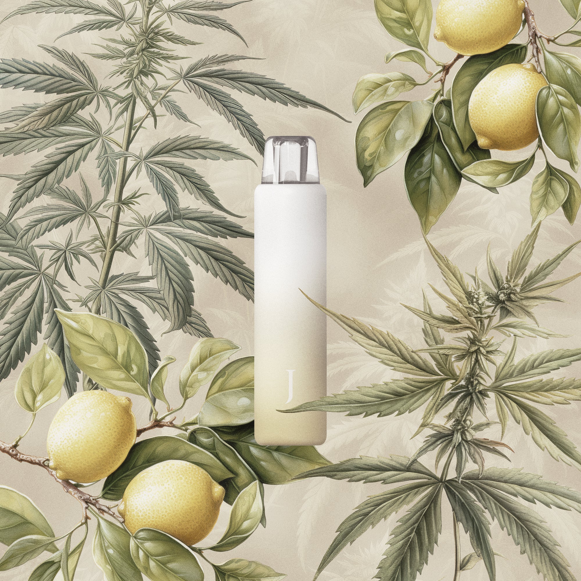 Juana All-in-One Cannabis Vape Pen with Marijuana Leaves and Lemon Botanical Illustrations