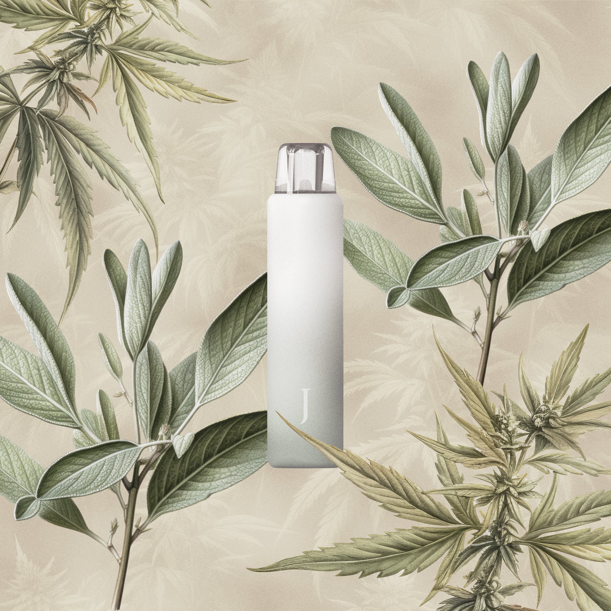 Juana All-in-One Cannabis Vape Pen with Marijuana Leaves and Sage Botanical Illustrations