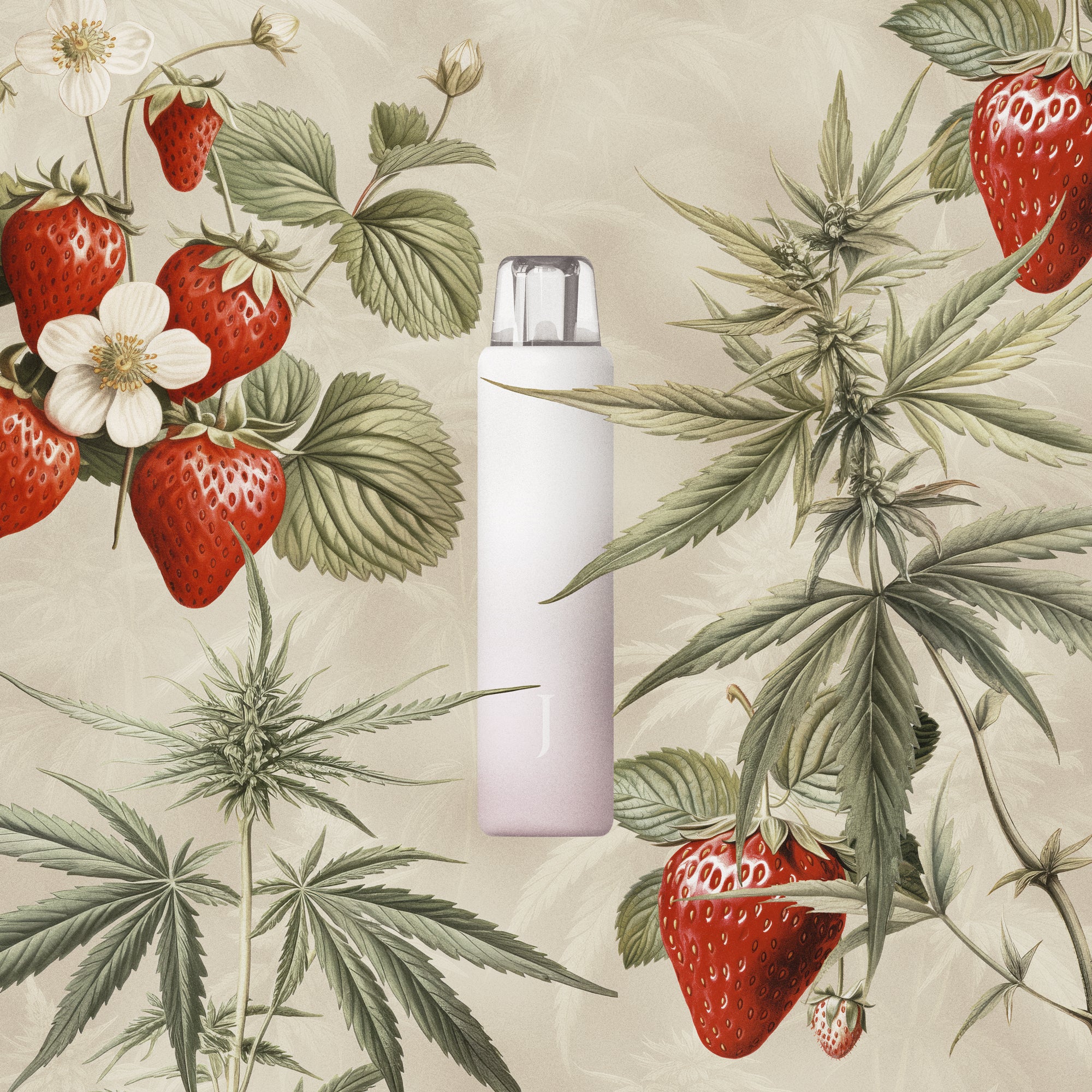 Juana All-in-One Cannabis Vape Pen with Marijuana Leaves and Strawberry Botanical Illustrations