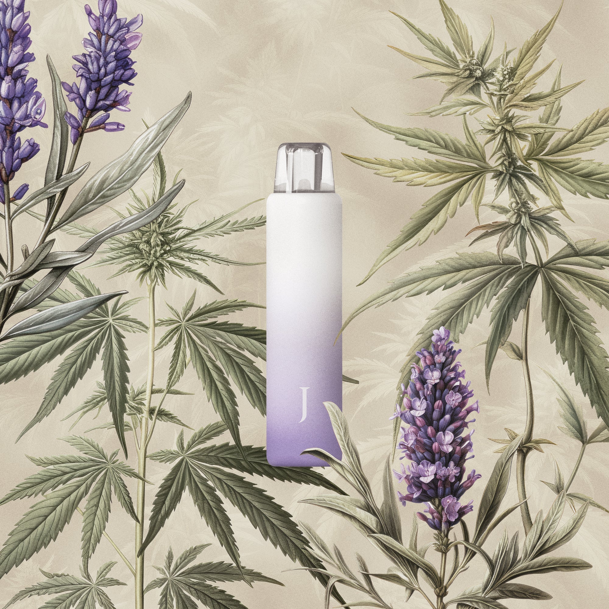 Juana All-in-One Cannabis Vape Pen with Marijuana Leaves and Lavender Botanical Illustrations